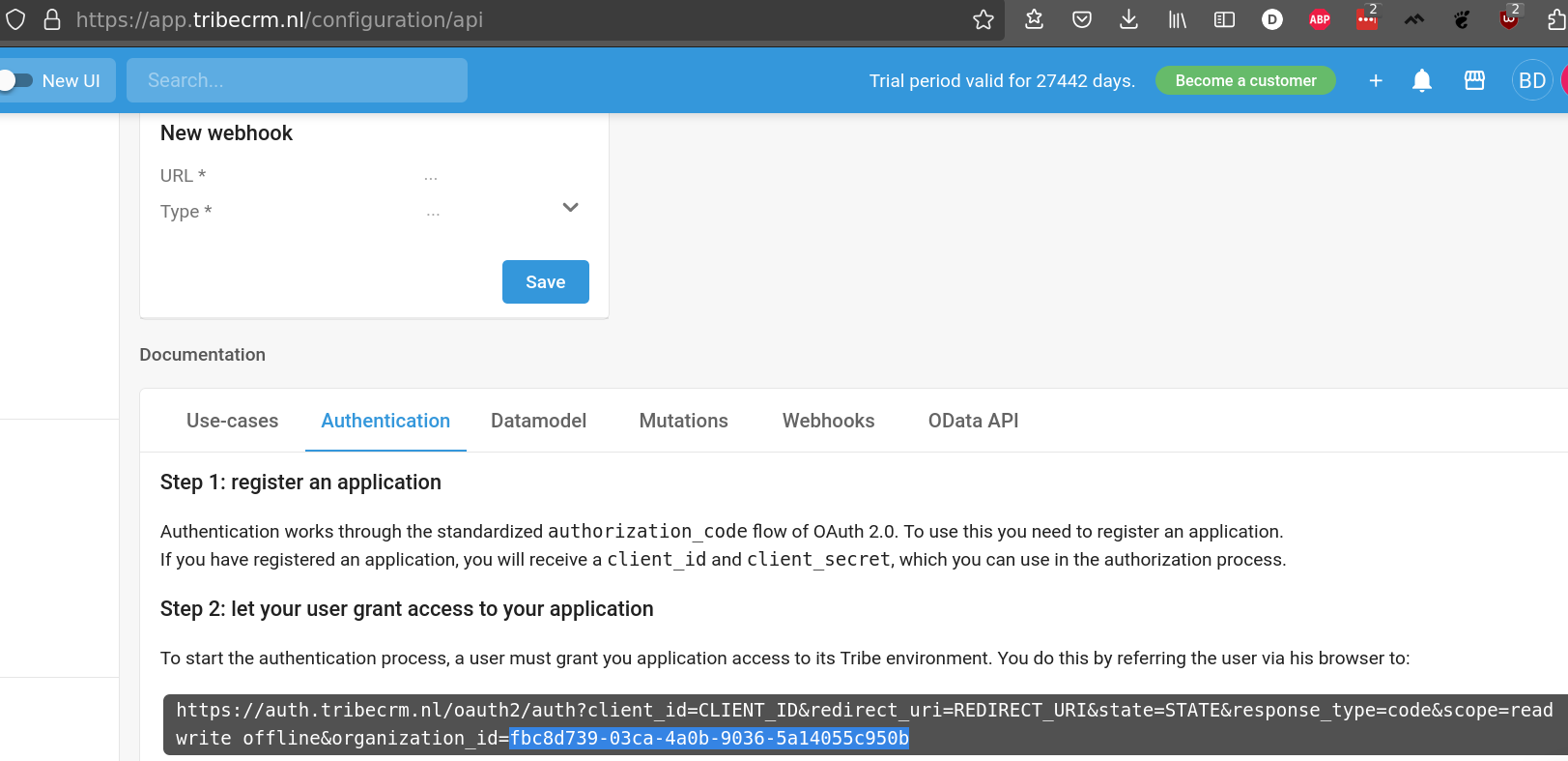 Onglet Authentication de la configuration API Tribe avec l'organization_id