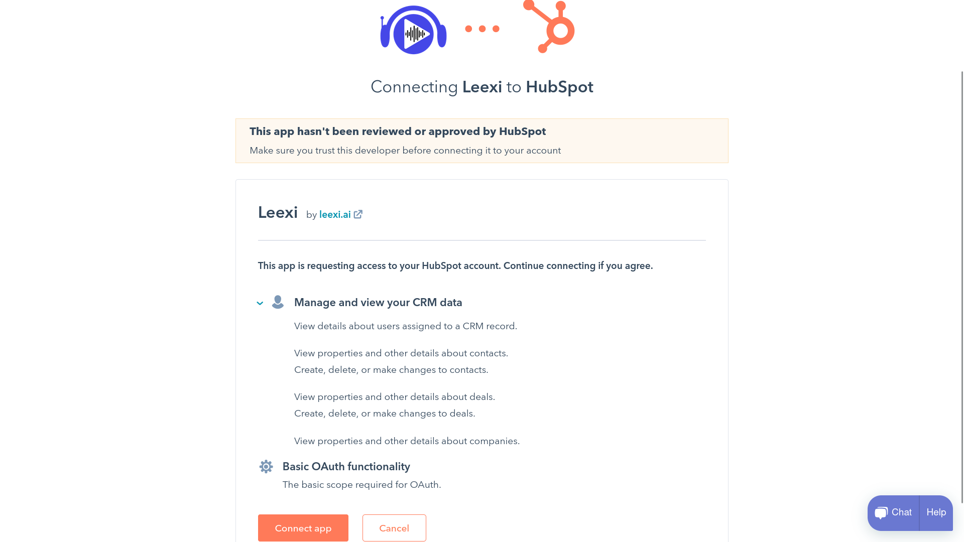 Écran de connexion de l'application HubSpot