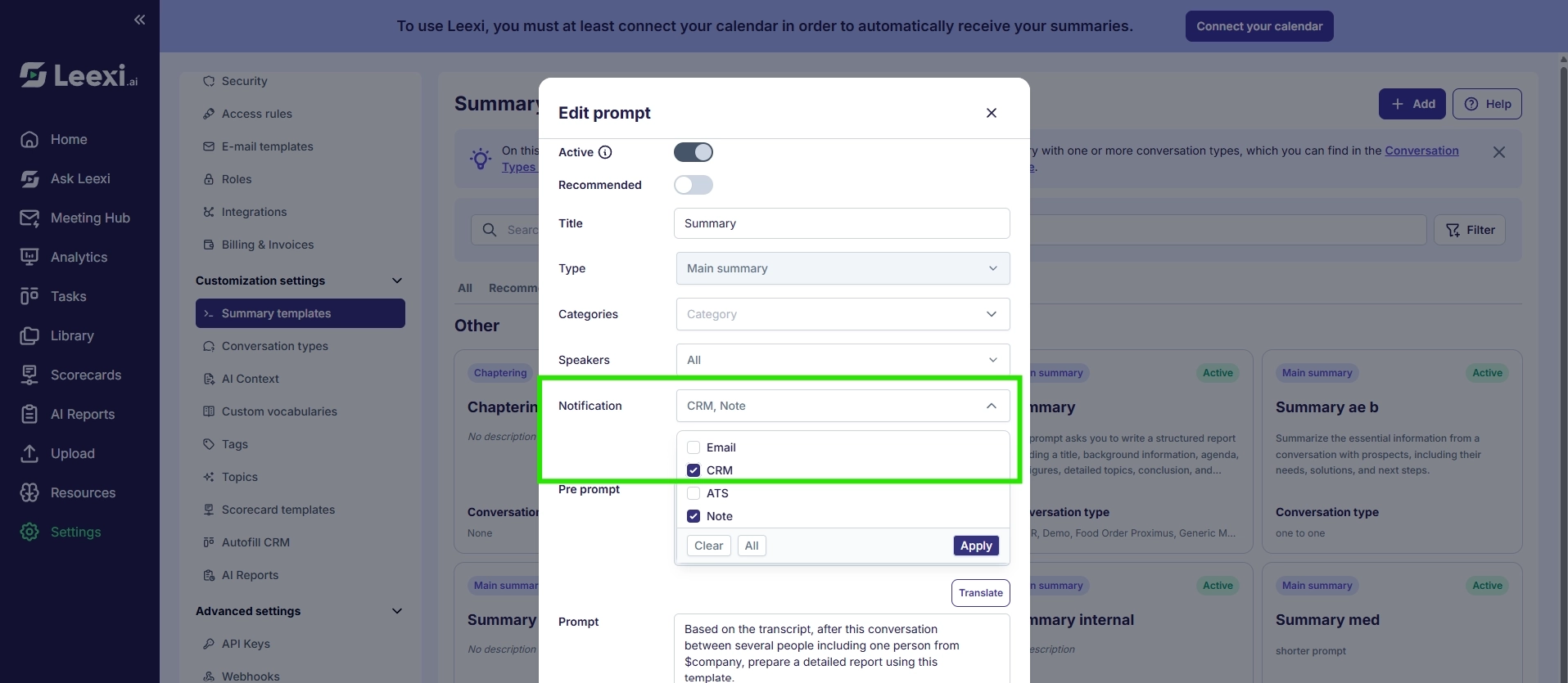 Activation de la notification CRM sur un template de résumé