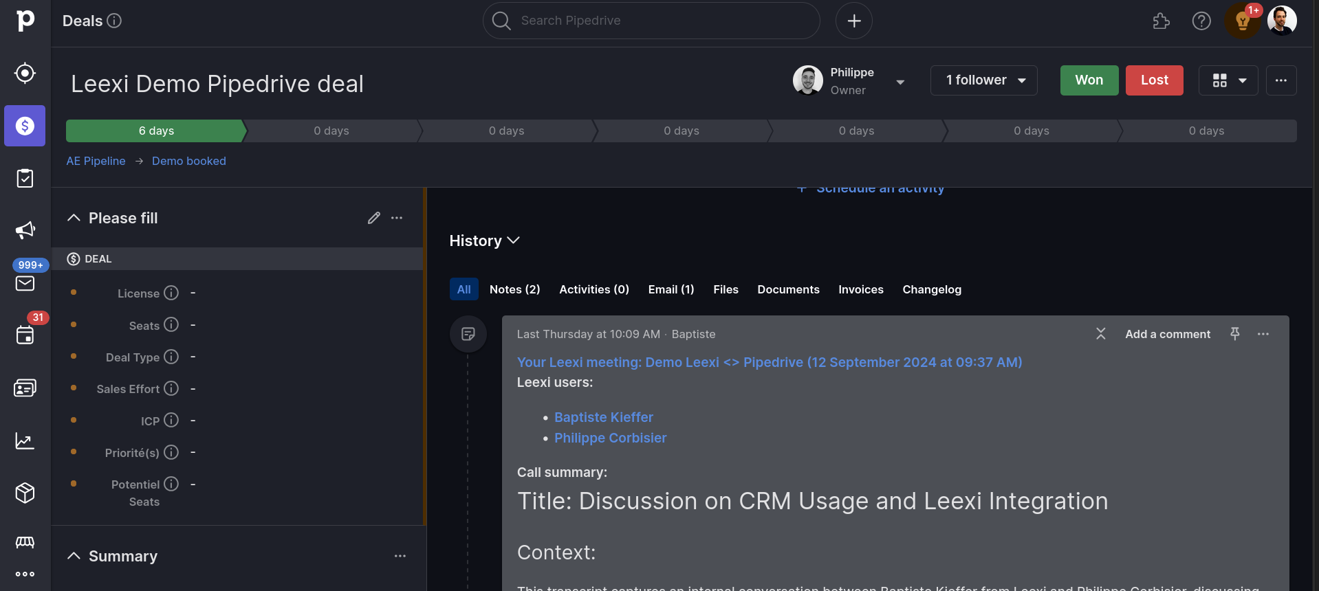 Note d'appel Leexi dans Pipedrive