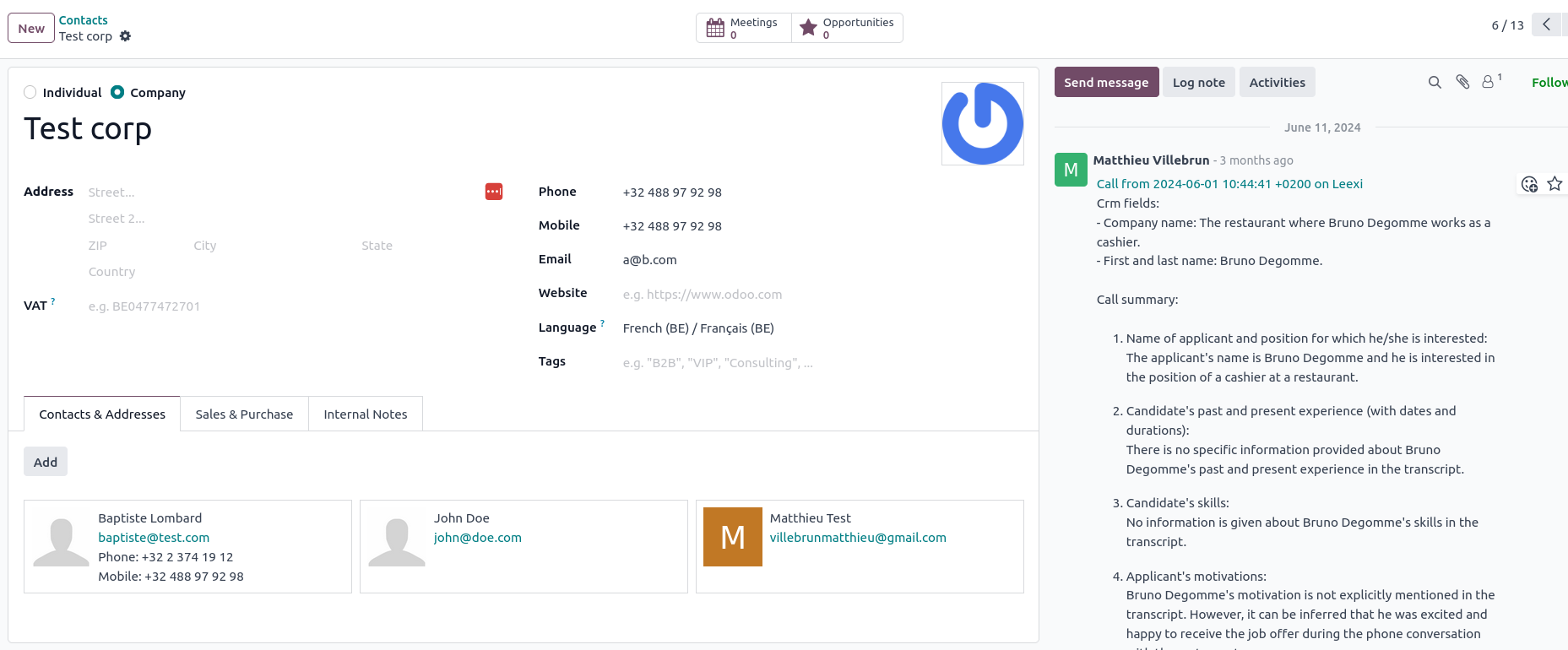 Note d'appel Leexi dans Odoo