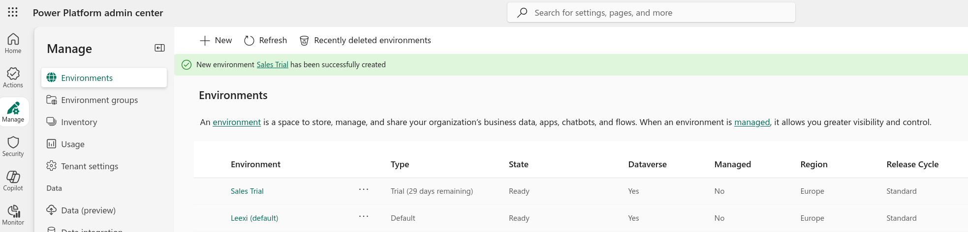 Sélection de l'environnement dans le Power Platform Admin Center