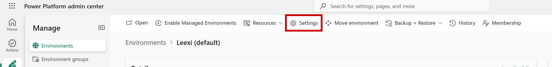 Menu Settings de l'environnement Dynamics