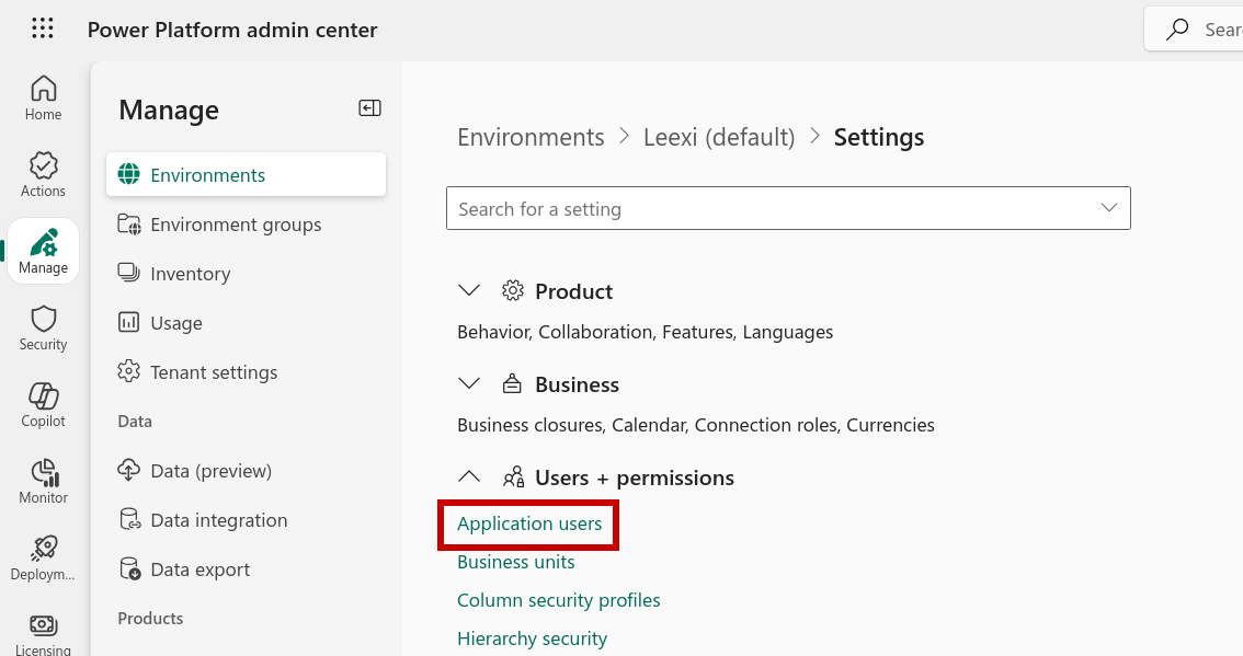 Section Users + permissions, entrée Application users