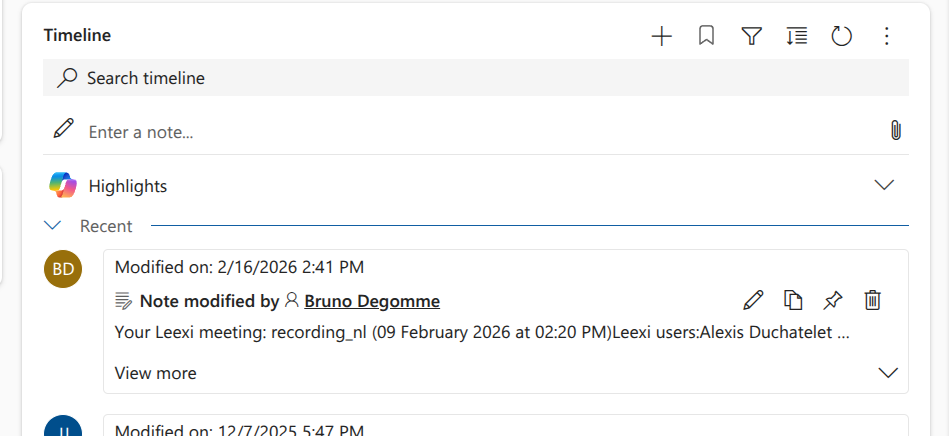 Note d'appel Leexi dans la timeline Dynamics
