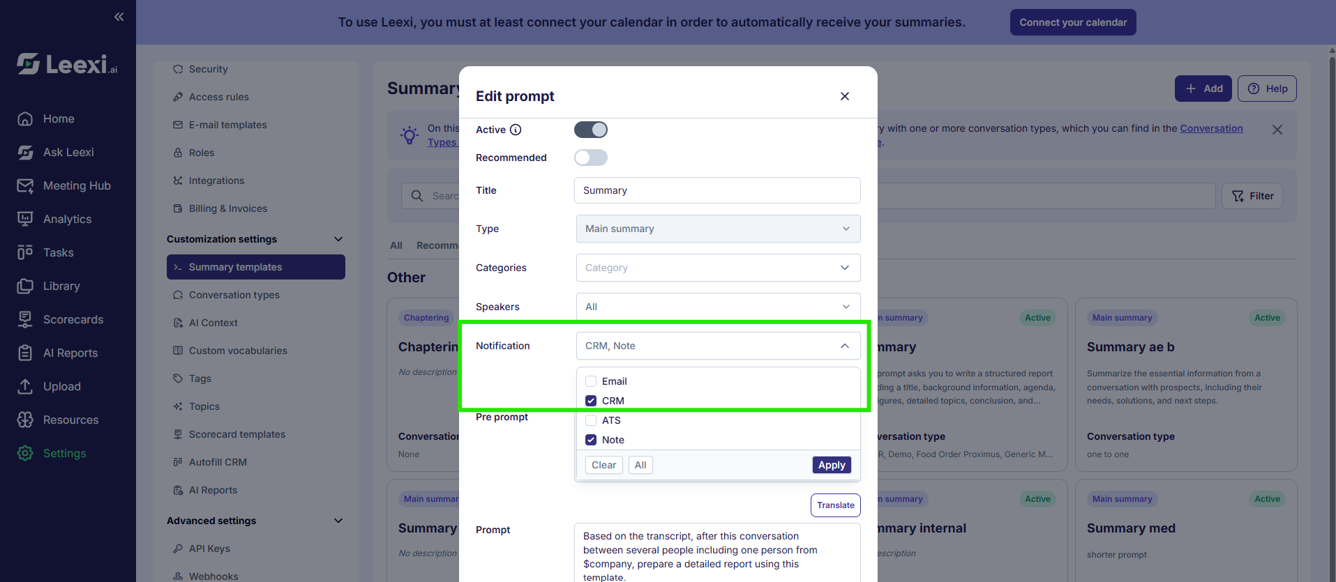 Case CRM à cocher sur les modèles de résumé