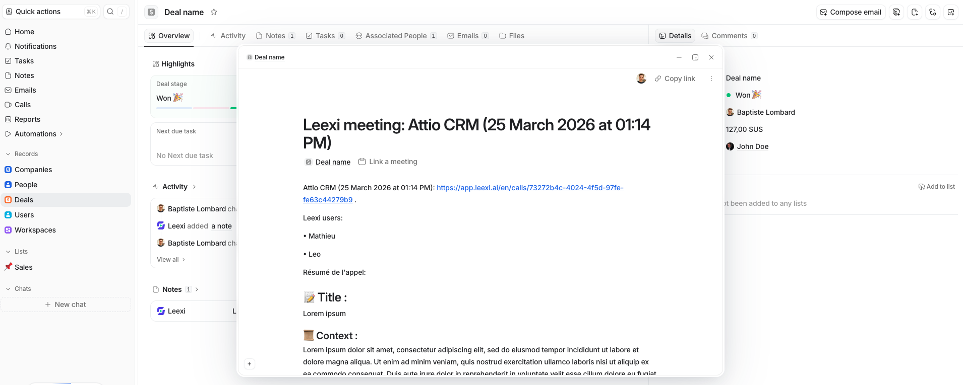 Exemple de note d'appel Leexi dans Attio
