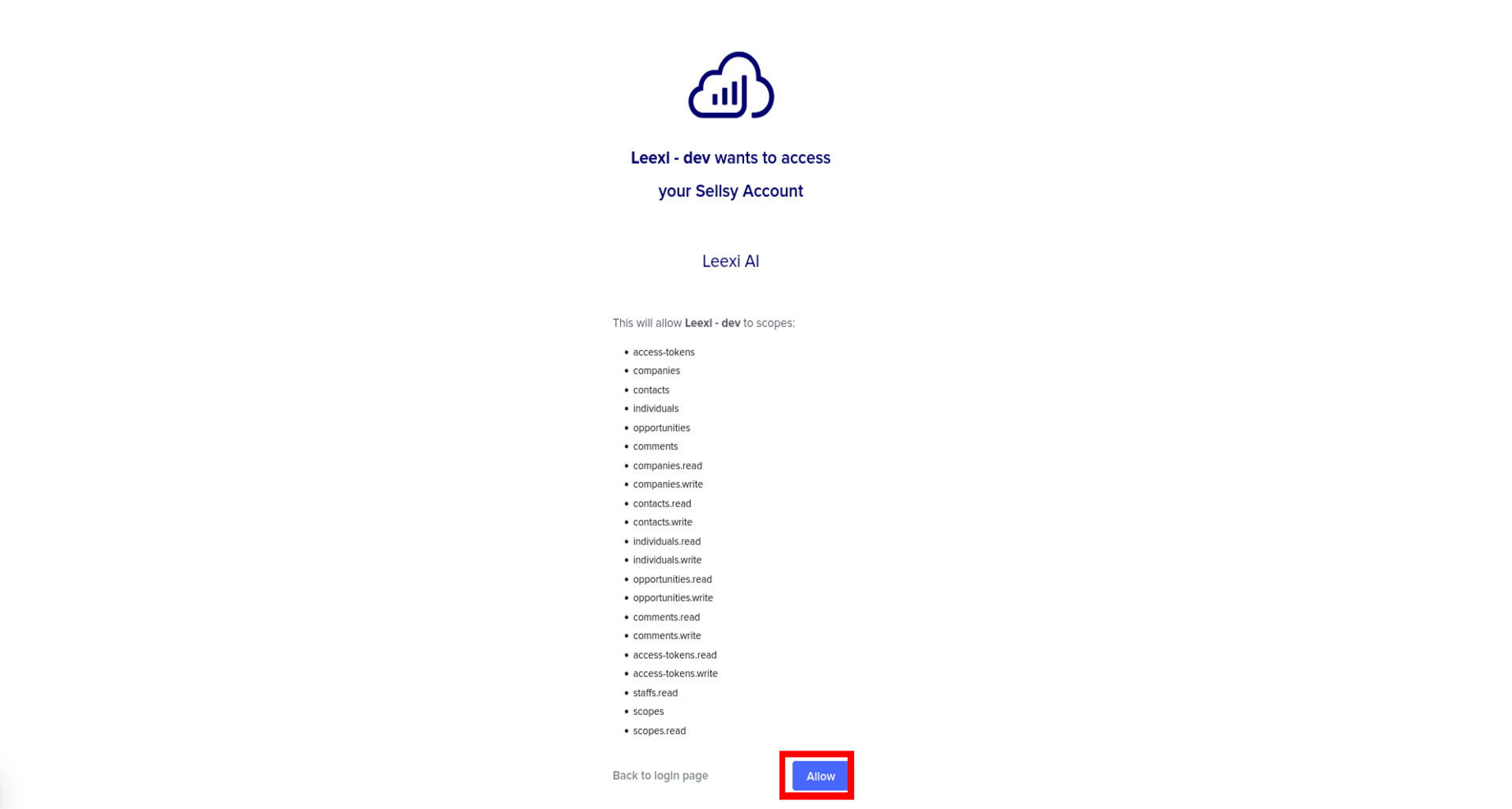 Écran d'autorisation Sellsy