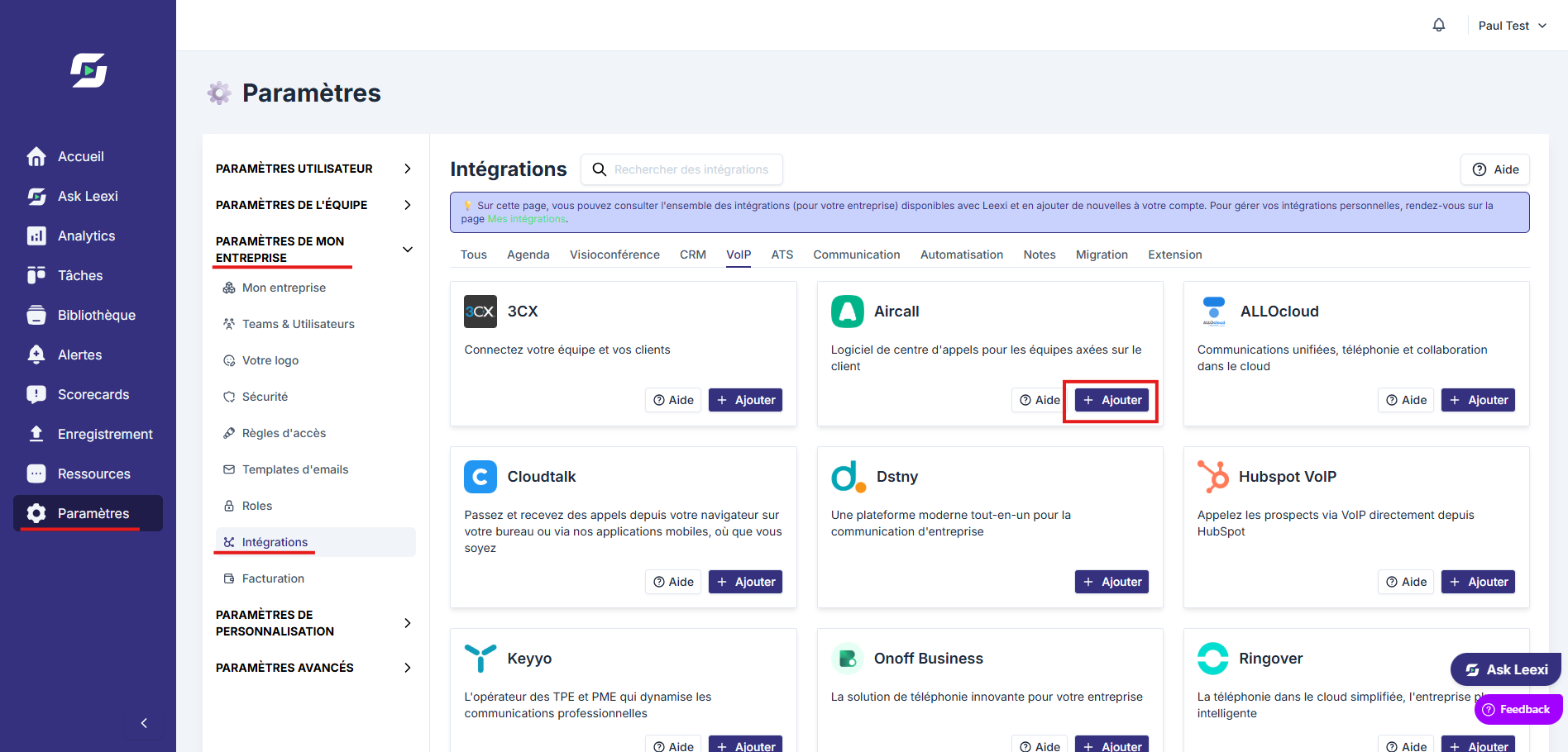 Ajouter l'intégration Aircall depuis la page Intégrations