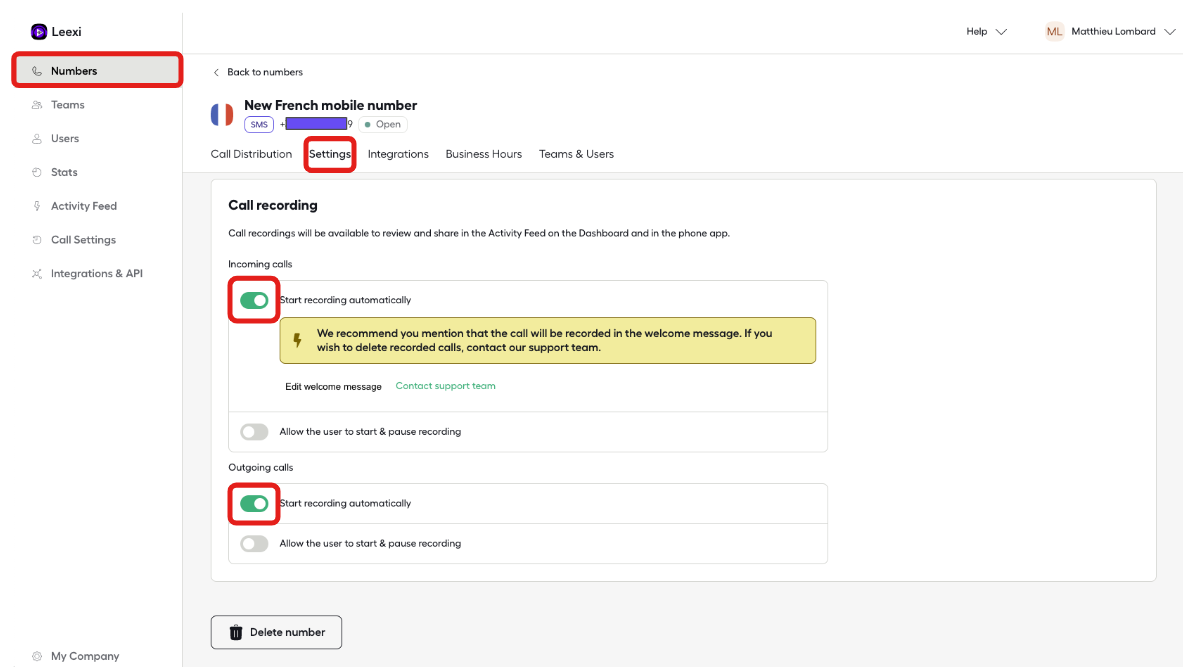 Option Start recording automatically dans les paramètres d'un numéro Aircall