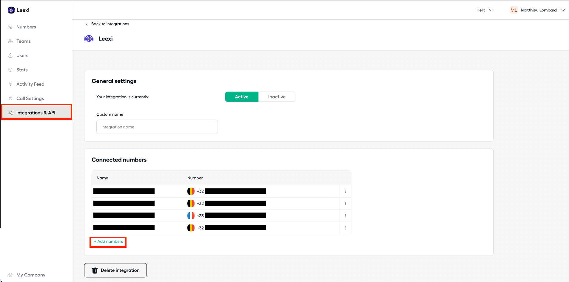 Ajout de numéros connectés depuis le tableau de bord Aircall