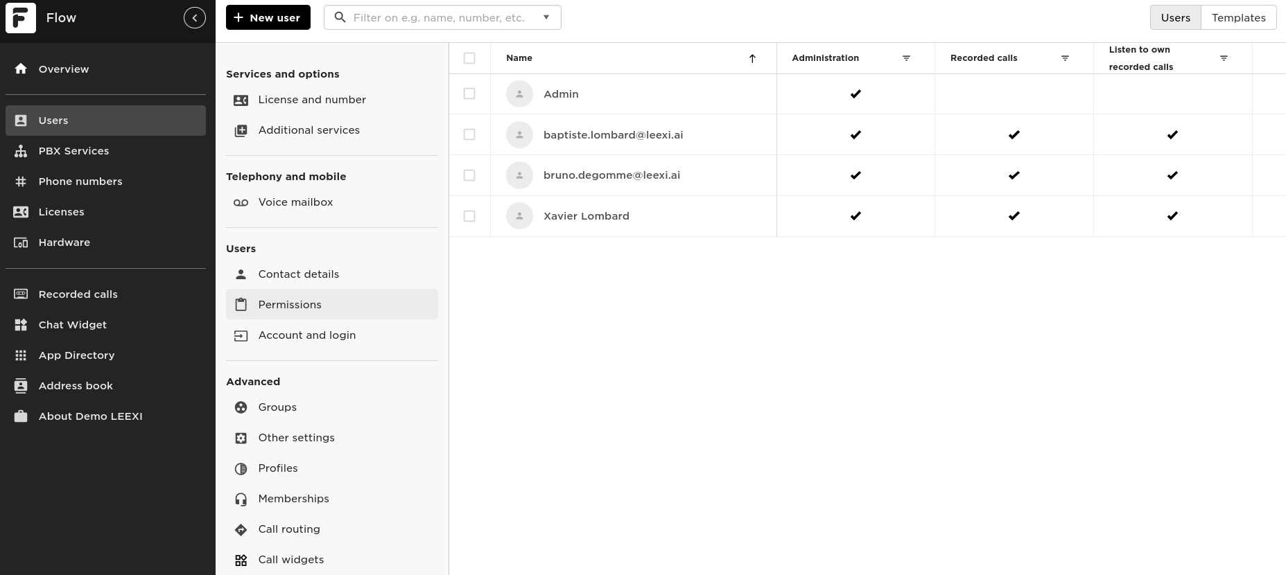 Colonne Recorded Calls dans les permissions du portail d'administration Flow