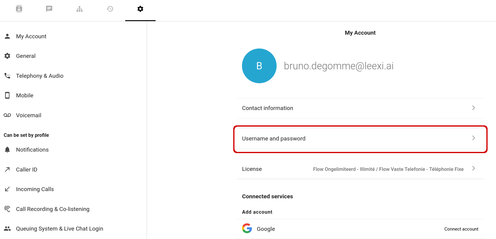 Section Username and password du compte Flow