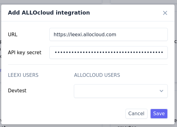 Carte de l'intégration ALLOcloud dans Leexi