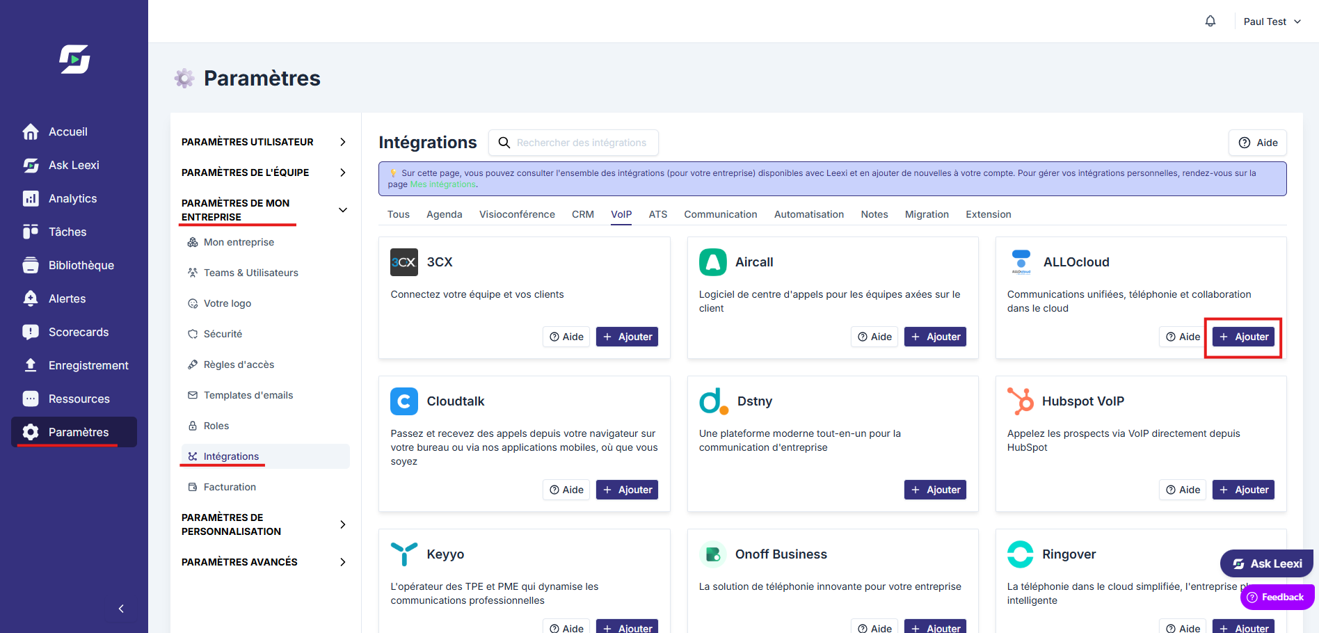 Formulaire de configuration de l'intégration ALLOcloud dans Leexi