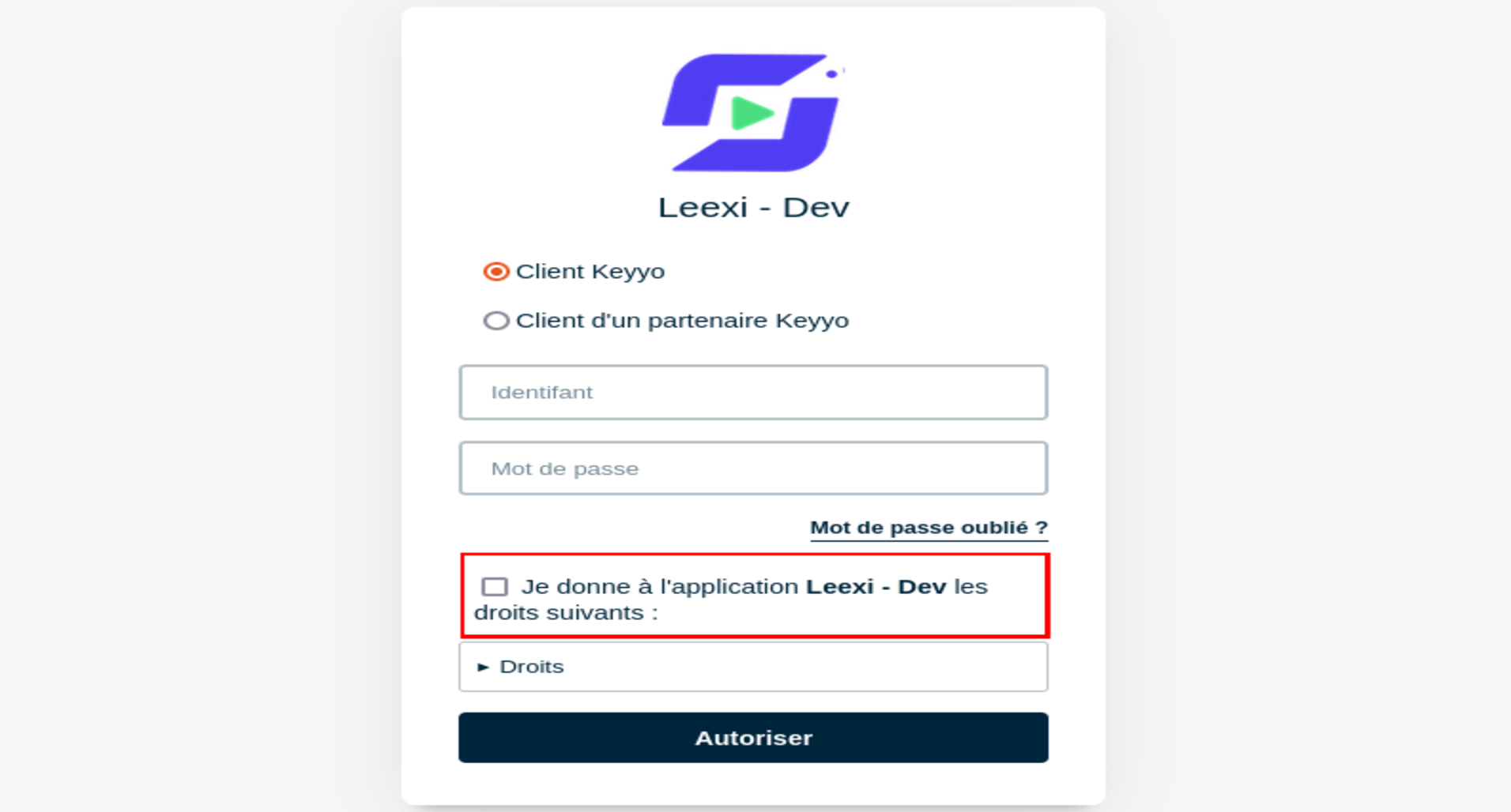 Page d'authentification Keyyo avec autorisation des droits pour Leexi