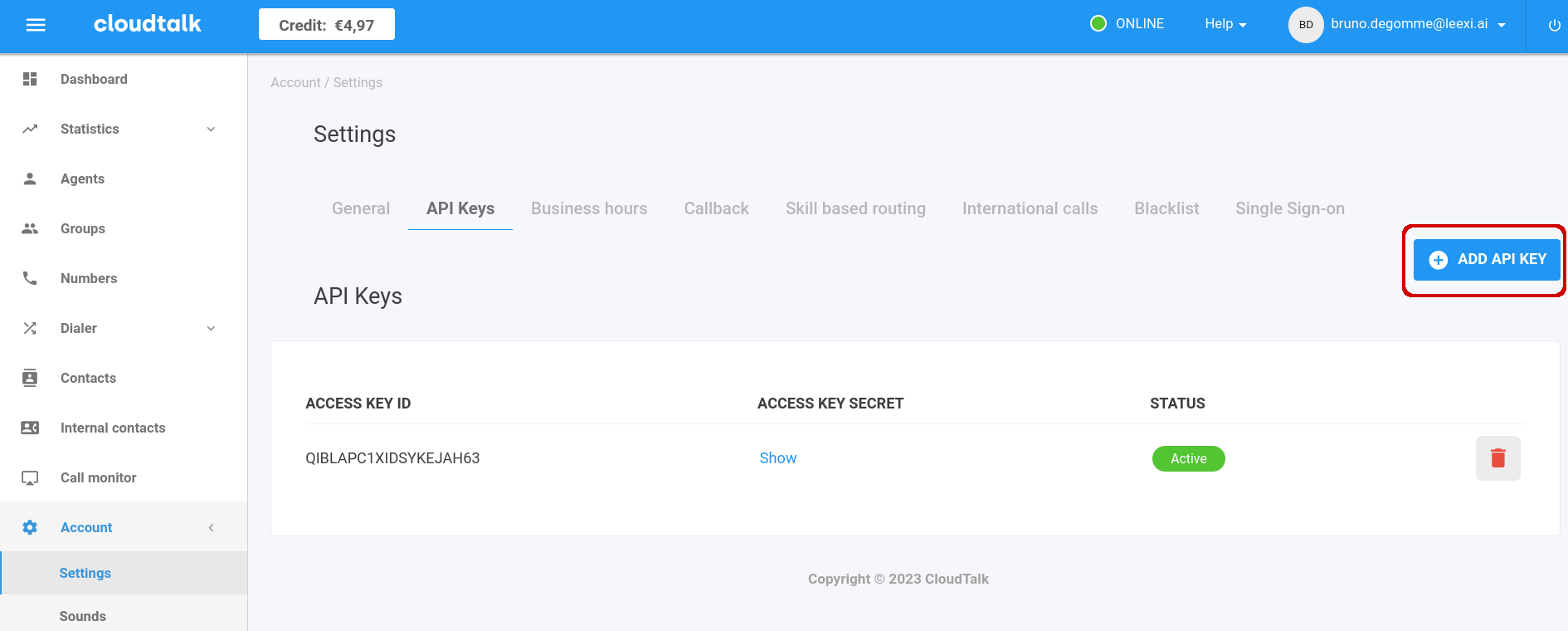 Création d'une clé API dans CloudTalk