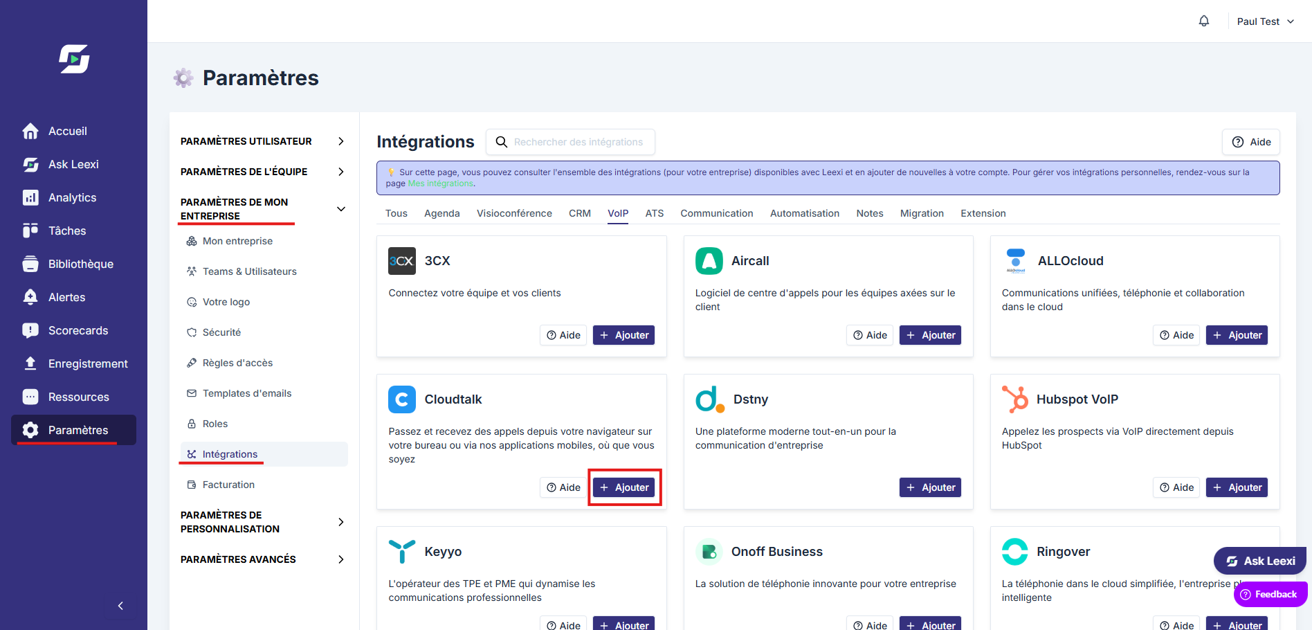 Saisie de la clé API CloudTalk dans Leexi