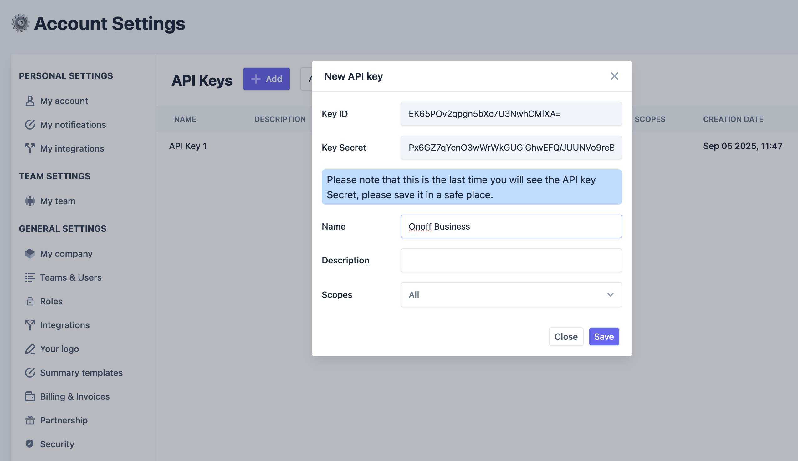 Page des clés API dans Leexi
