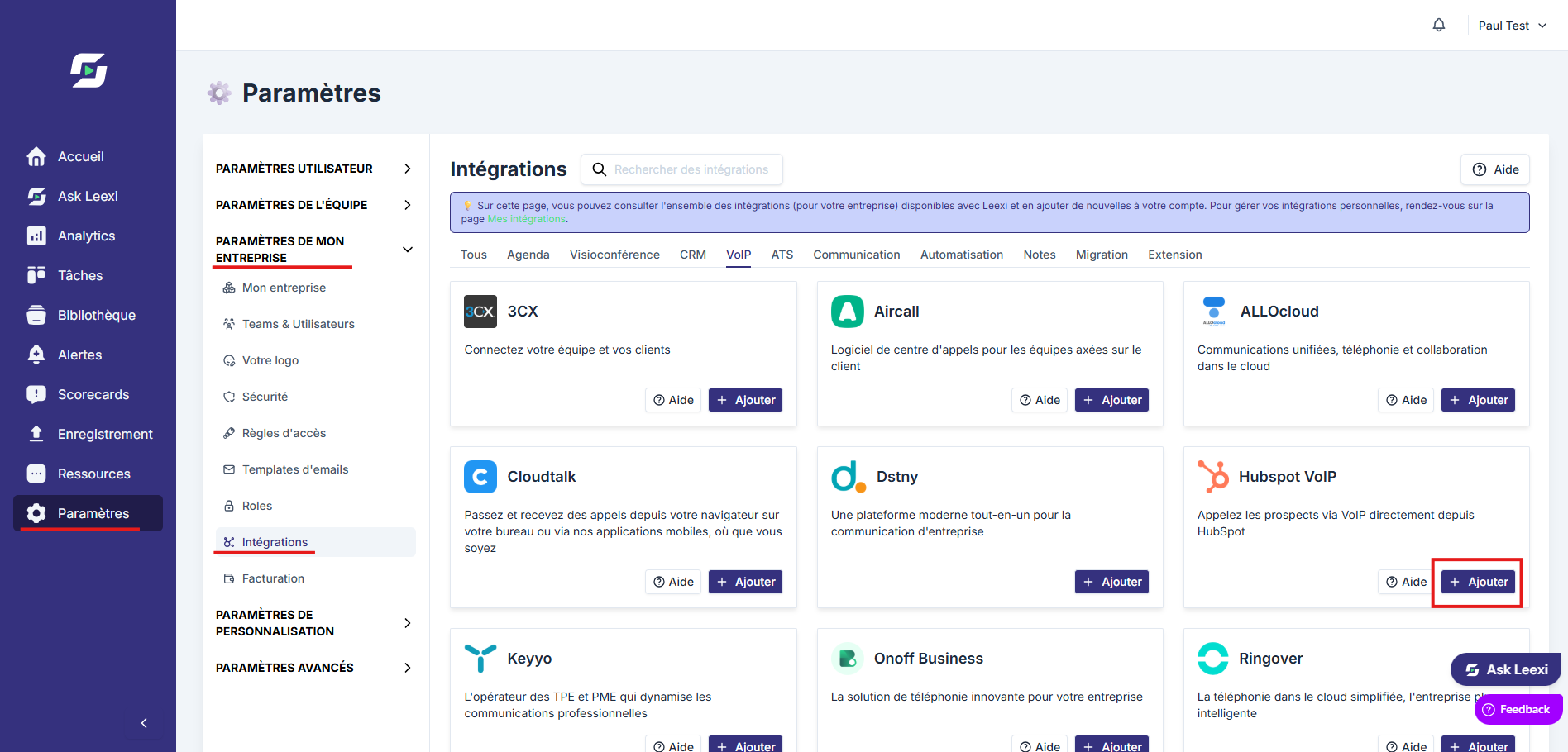 Ajout de l'intégration HubSpot VoIP depuis la page Intégrations de Leexi