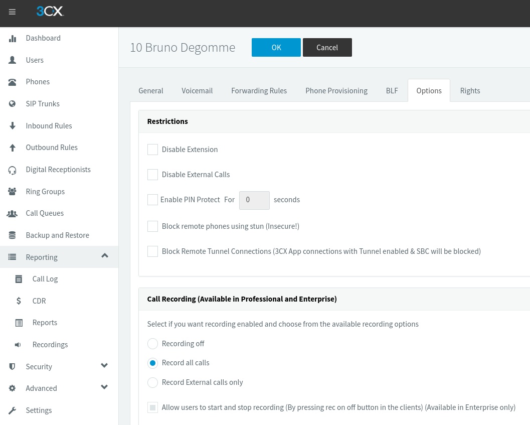 Option Record all calls dans la fiche utilisateur 3CX