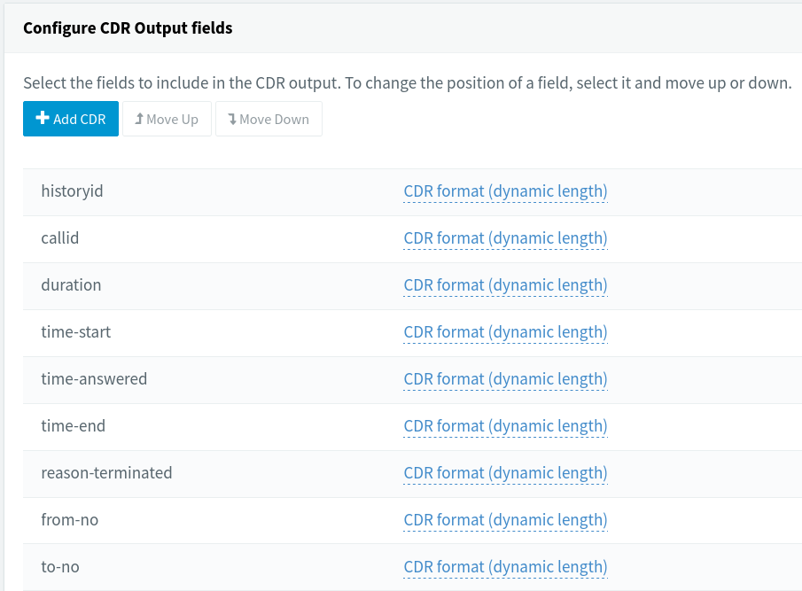 Configuration des champs de sortie CDR
