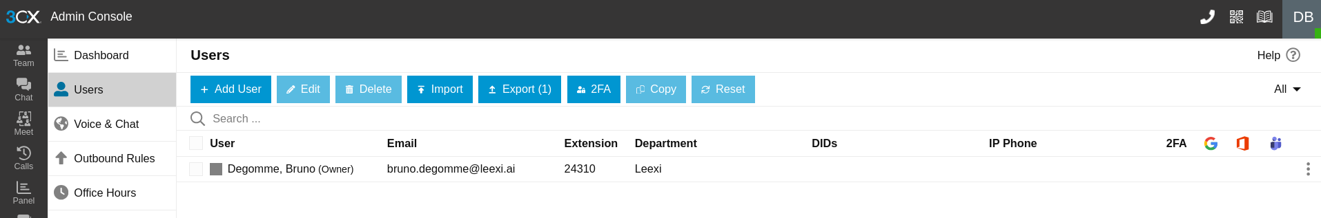 Console d'administration 3CX, section Users