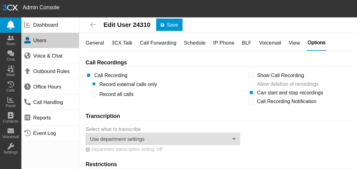 Option Record external calls only dans les options utilisateur 3CX