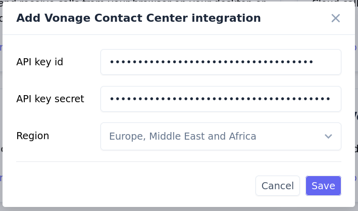 Formulaire d'activation de l'intégration Vonage Cloud Center dans Leexi