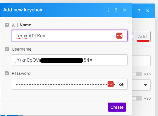 Saisie des identifiants de la clé API dans Make