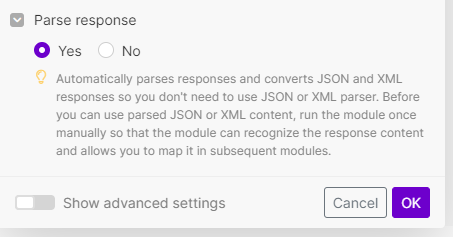 Option Parse response activée