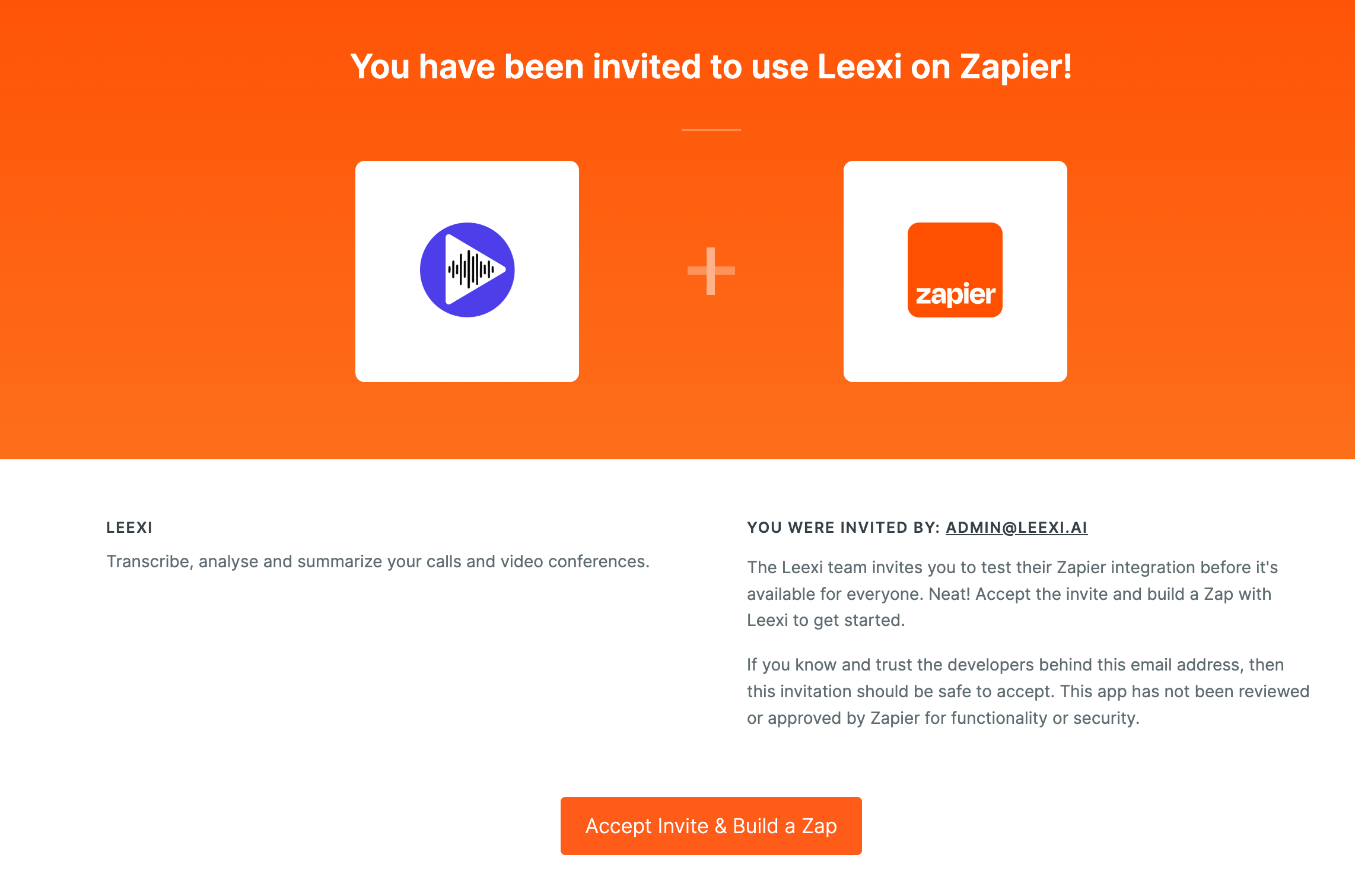 Acceptation de l'invitation Leexi sur Zapier