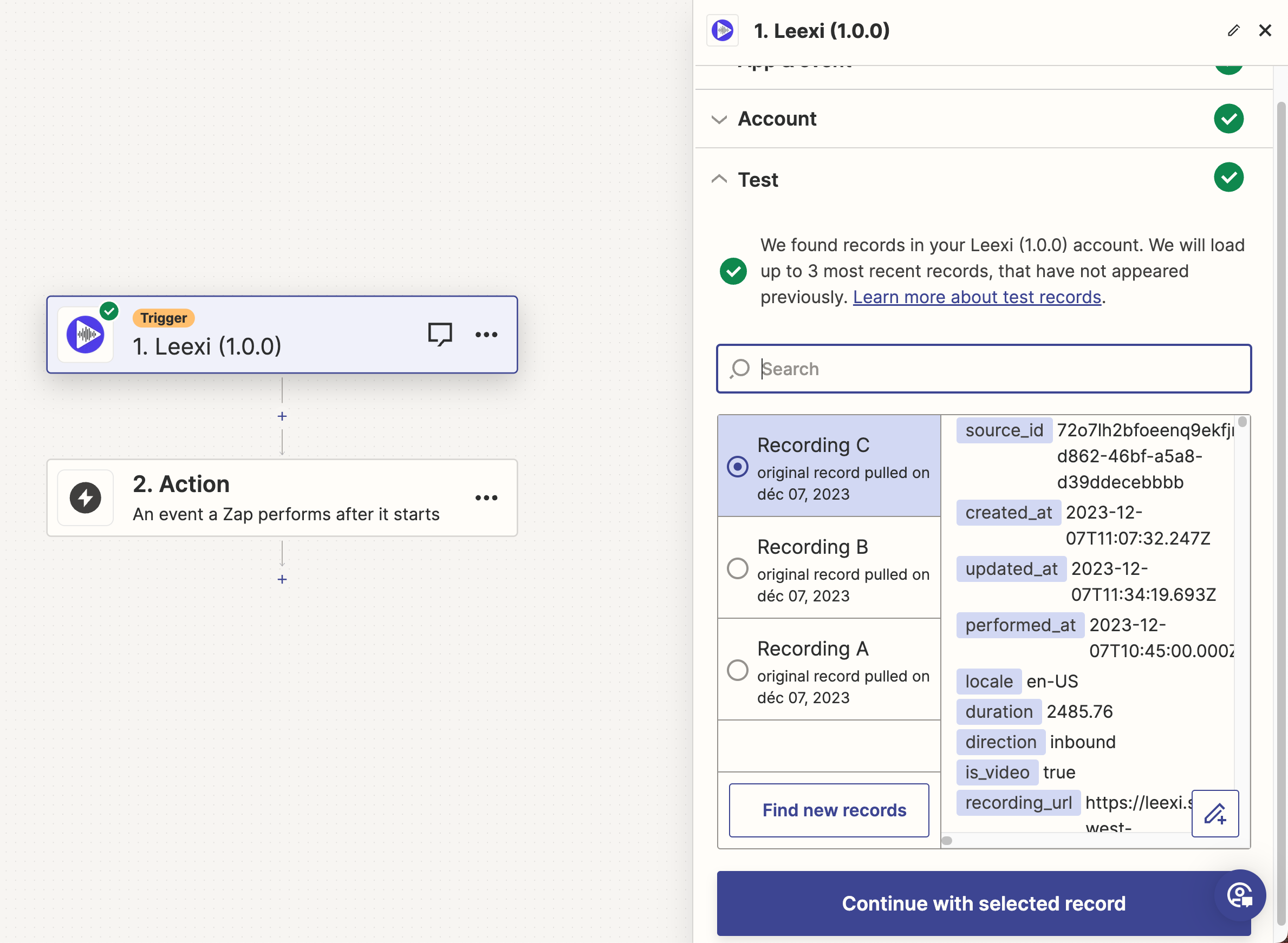 Sélection d'un enregistrement de test dans Zapier