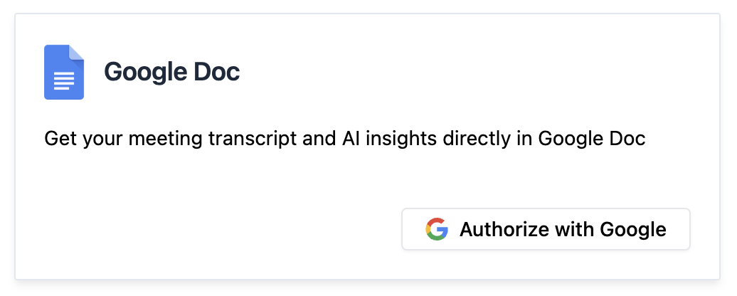 Carte Google Doc avec le bouton Autoriser avec Google
