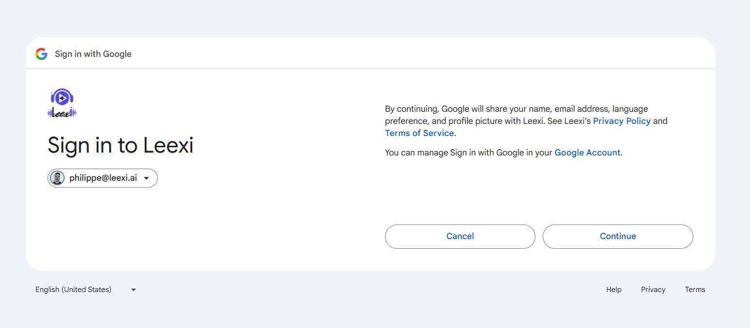 Écran de connexion Google, bouton Continuer