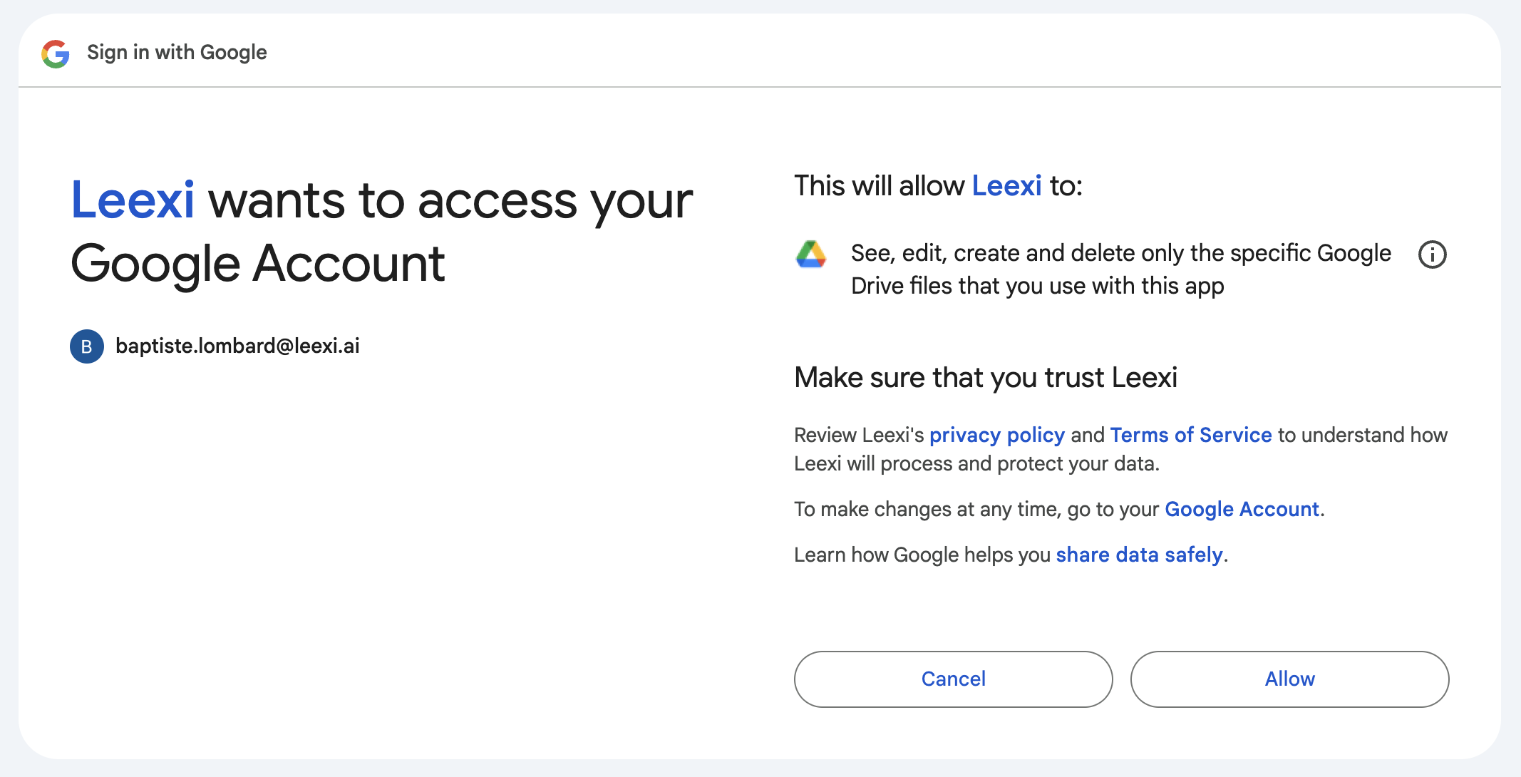 Autorisation du périmètre d'accès Google Drive
