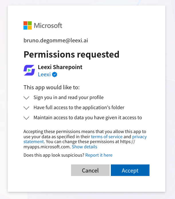 Écran Microsoft des permissions demandées