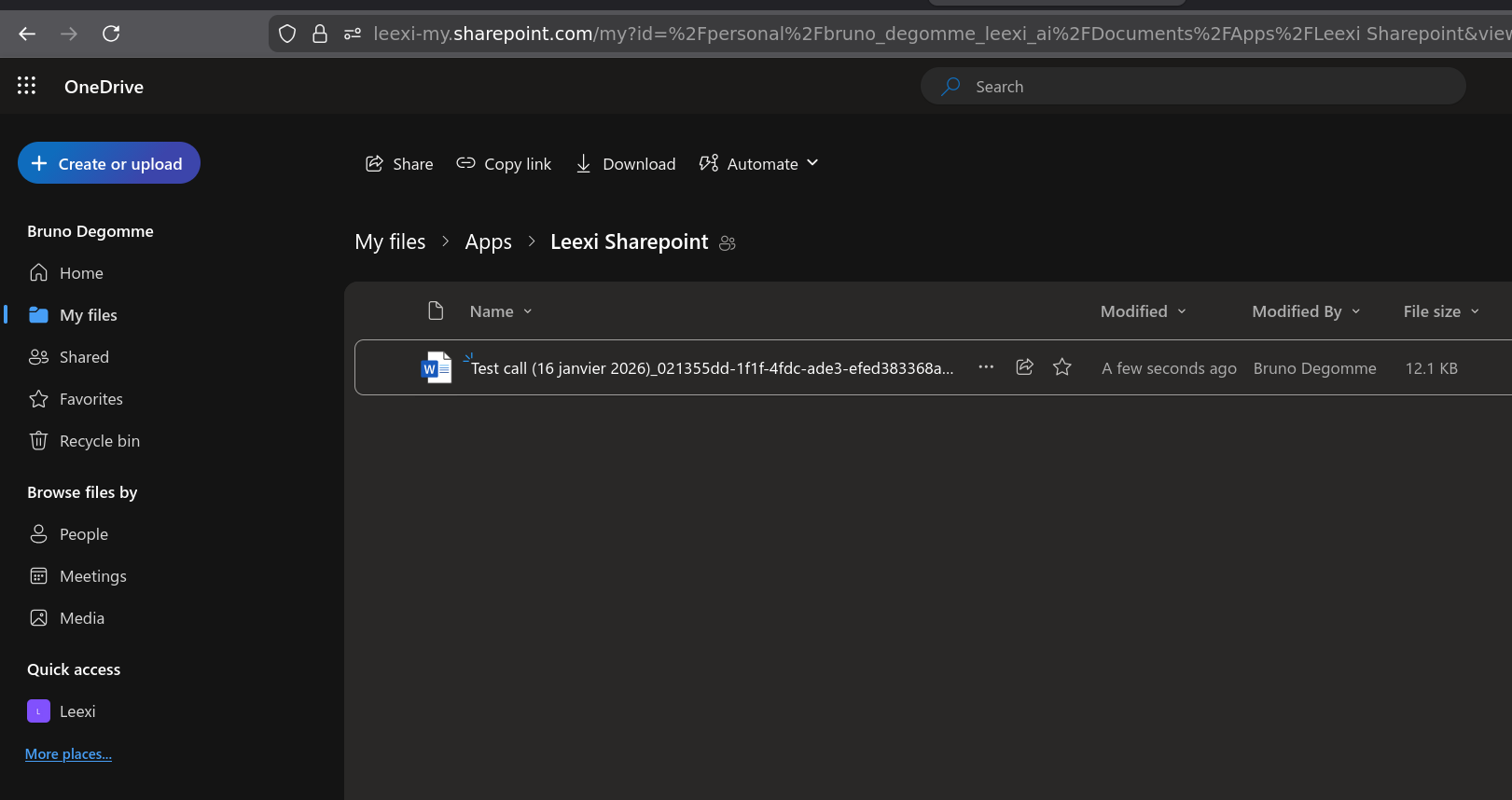 Dossier Apps/Leexi Sharepoint avec les documents créés