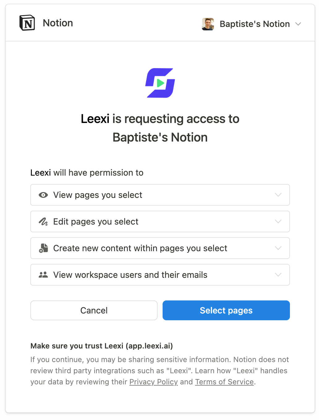 Écran Notion de sélection des pages