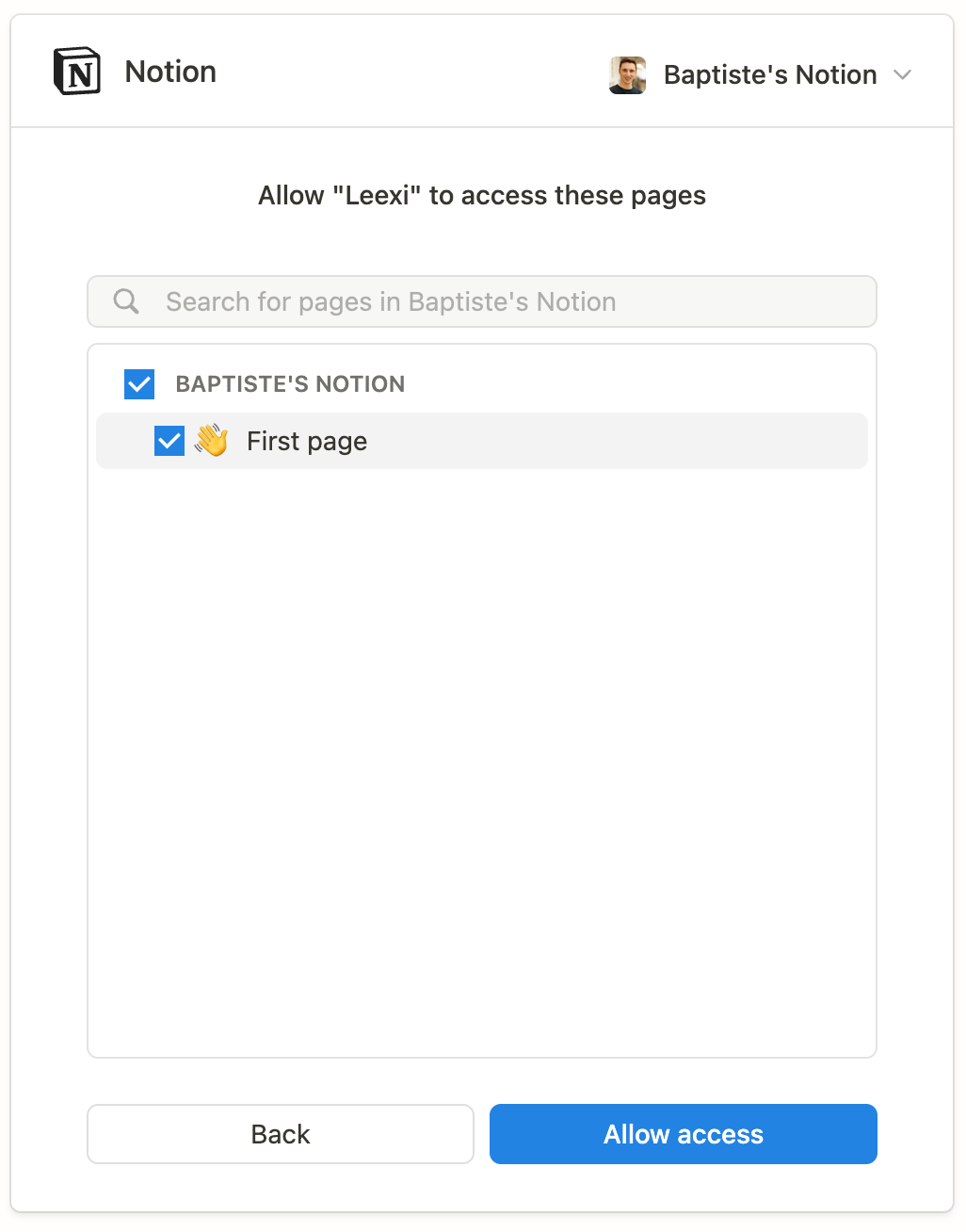 Sélection d'une base de données Notion et autorisation d'accès
