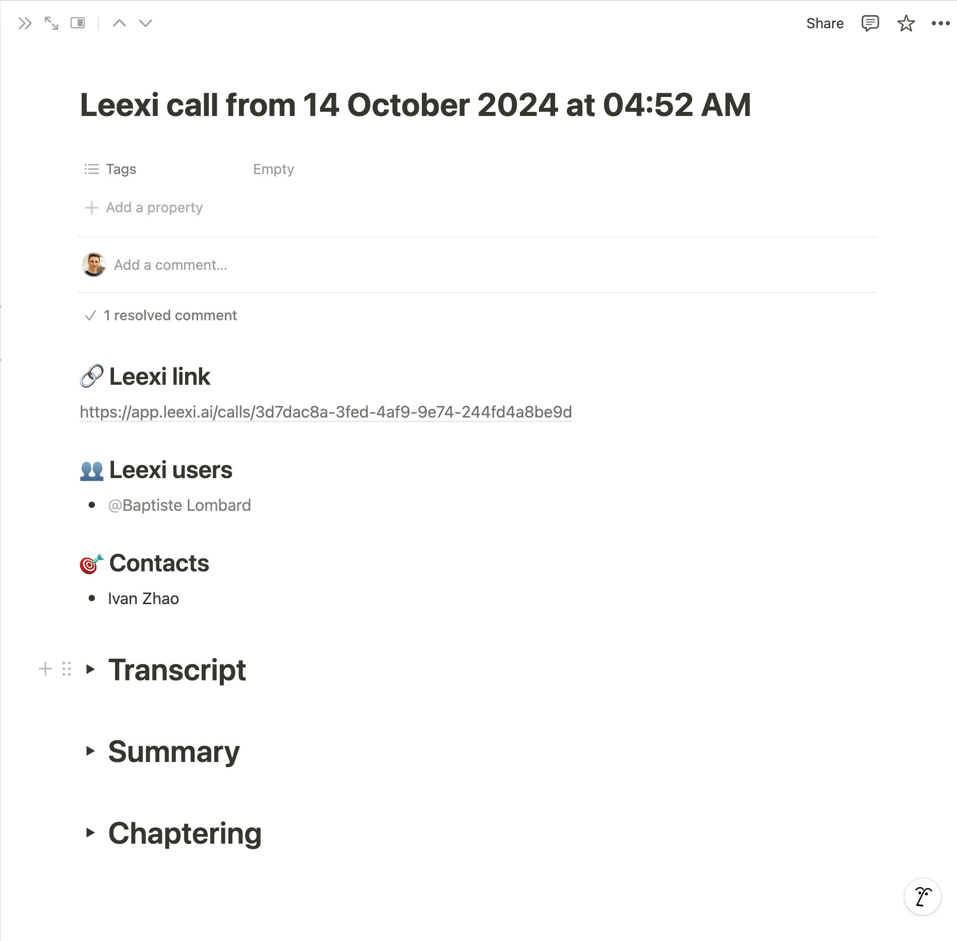 Page Notion générée avec la transcription et les analyses IA