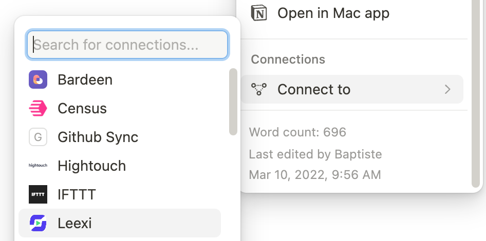 Menu Notion Connecter à avec Leexi