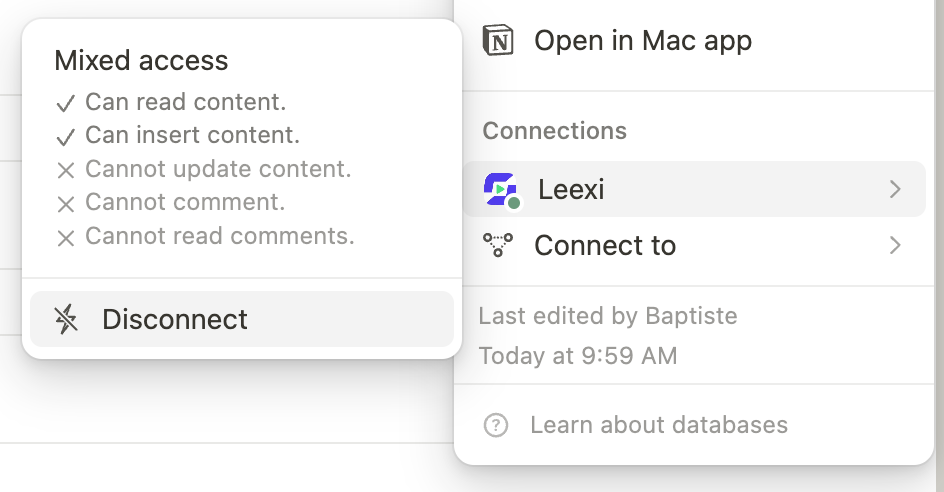 Menu Notion pour déconnecter Leexi