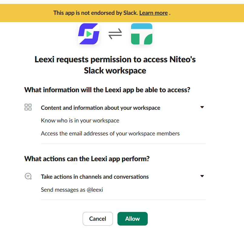 Écran d'autorisation Slack pour l'application Leexi