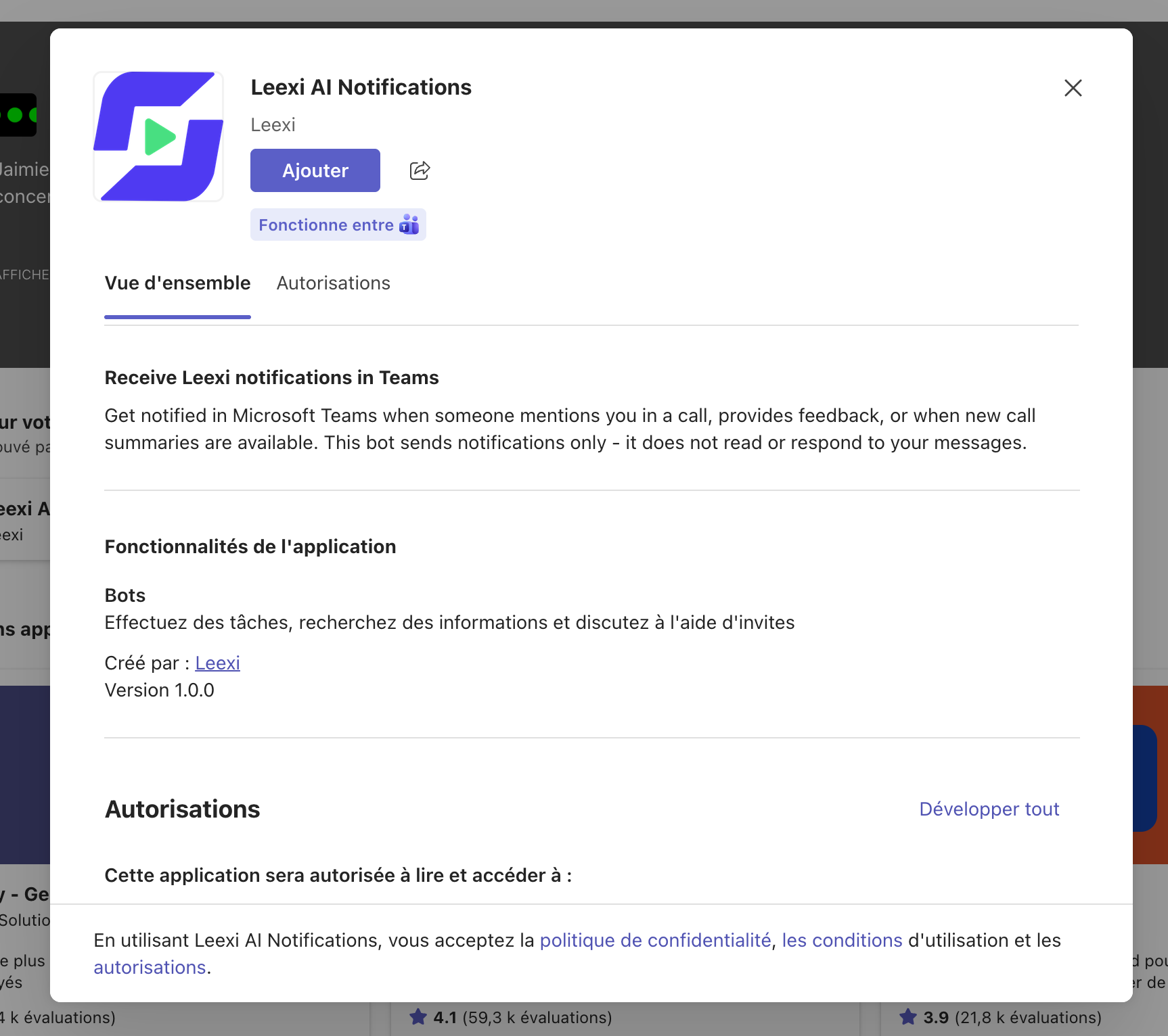 Notification Leexi affichée dans Microsoft Teams