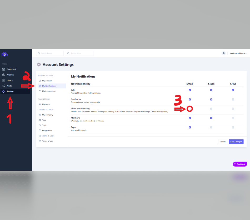Activation de la notification visioconférence dans Mes notifications