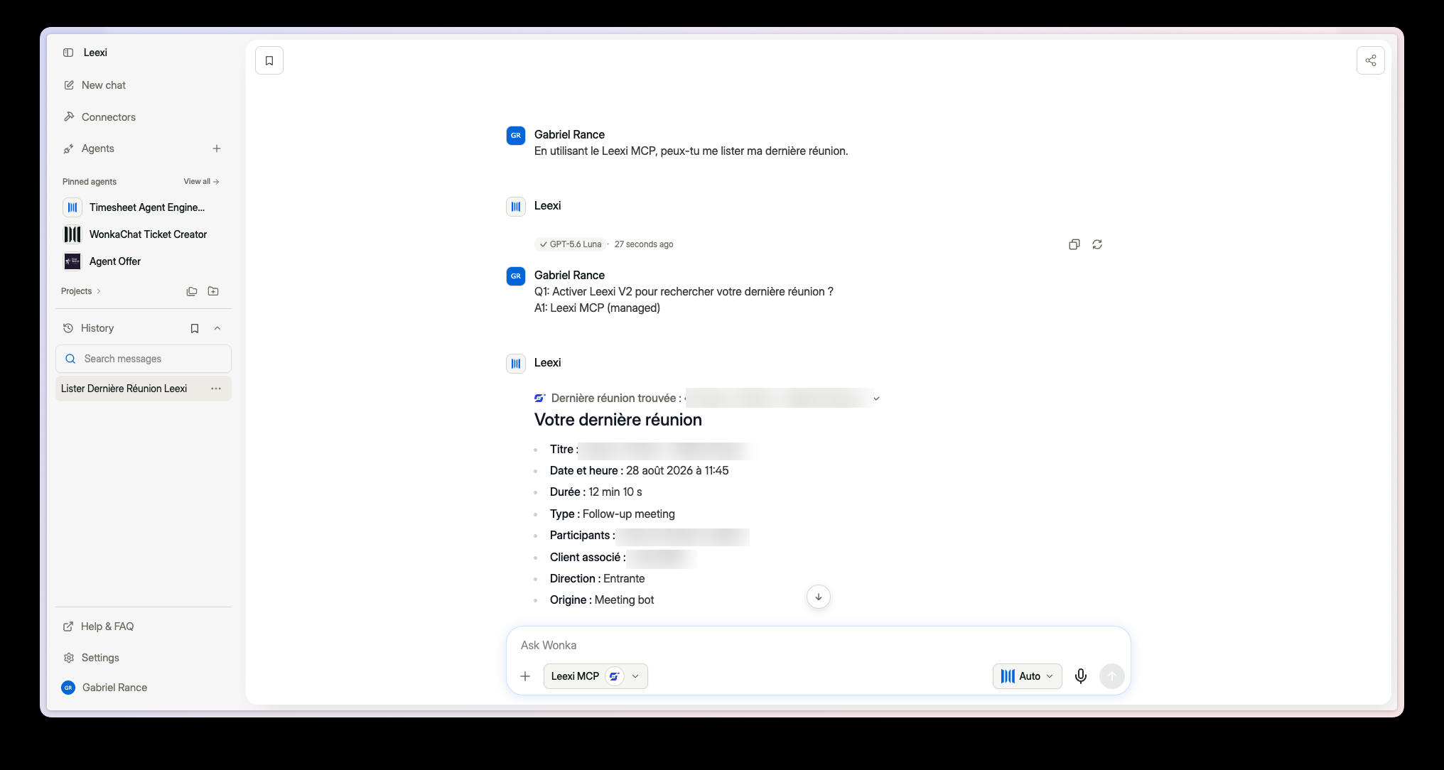 Wonka Chat antwortet mit den Details eines Leexi-Meetings